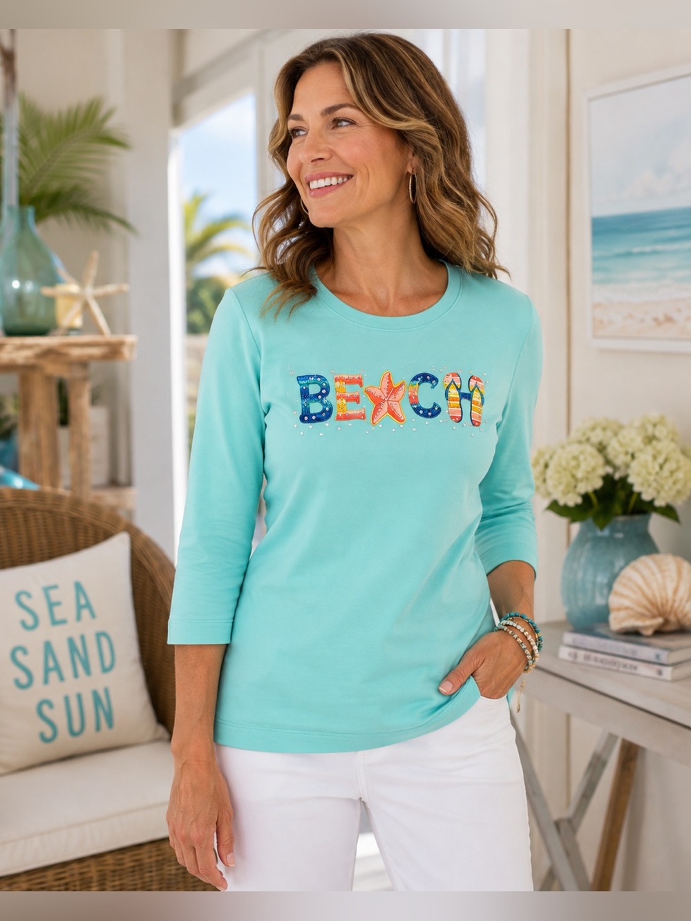 Quacker Factory Aqua 'BEACH' Graphic 3/4 Sleeve